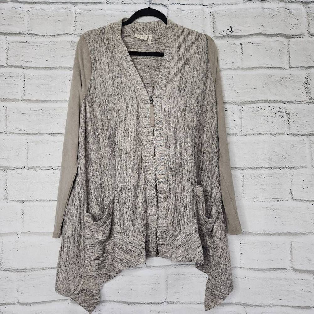 LOGO by Lori Goldstein Faux Suede Sleeve Full Zip Cardigan Tan Womens Medium